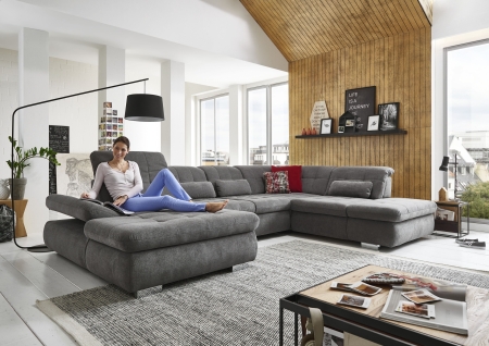 Sedac souprava STAGE_ sestava CanLST-2,5ELST-SE-1,5STAhor_ rozmry sestavy zleva 195 x 382 x 260 cm_ vka 82-100 cm_ nastaven hloubky sedu ve standardu_ ostatn voliteln funkce za pplatek_ v ltce Belle grey_ foto s modelem_ obr. 2