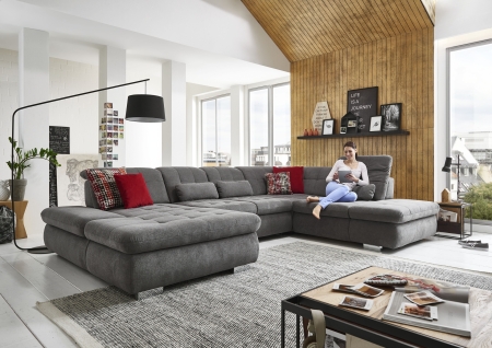 Sedac souprava STAGE_ sestava CanLST-2,5ELST-SE-1,5STAhor_ rozmry sestavy zleva 195 x 382 x 260 cm_ vka 82-100 cm_ nastaven hloubky sedu ve standardu_ ostatn voliteln funkce za pplatek_ v ltce Belle grey_ foto s modelem_ obr. 1