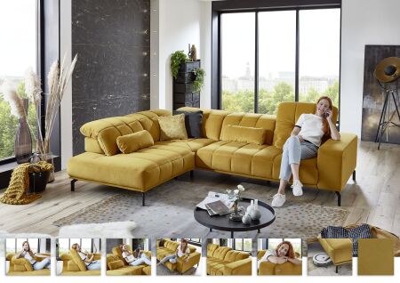 Sedací souprava TANJA_ sestava 1XKOGLKV_2,5RKV_ rozměry zleva 219 x 296 cm_ polohovatelné opěrky hlavy ve standardu_ další volitelné funkce za příplatek_ v látce Salsa curry_ foto s náhledy funkcí_ obr. 18