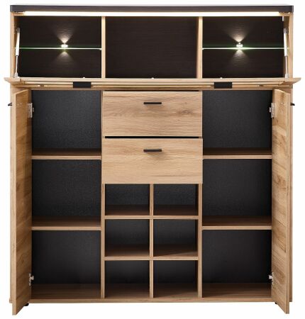 Nábytek do obývacího pokoje a jídelny COLEÉ_ highboard 10 S2 HZ 22_ rozměry š/v/h_ 130/132/38 cm_ včetně LED osvětlení_ otevřený_ obr. 11