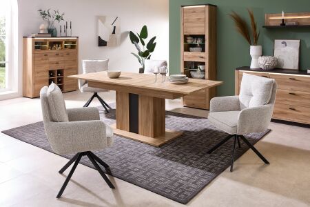 Nábytek do obývacího pokoje a jídelny COLEÉ "dining room 2"_ sestava typů 20+22+02+40+20 S2 HZ 04_ včetně LED osvětlení_ foto s dekoracemi_  jídelní stůl rozložený 220 cm_ jídelní křesla nejsou součástí sestavy_ obr. 2