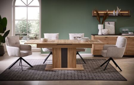 Nábytek do obývacího pokoje a jídelny COLEÉ "dining room"_ jídelní stůl + sideboard + závěsná police_ včetně LED osvětlení_ foto s dekoracemi_ jídelní křesla nejsou součástí sestavy_ jídelní stůl rozložený 220 cm_ obr. 2