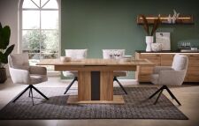 Nábytek do obývacího pokoje a jídelny COLEÉ "dining room"_ jídelní stůl + sideboard + závěsná police_ včetně LED osvětlení_ foto s dekoracemi_ jídelní křesla nejsou součástí sestavy_ jídelní stůl rozložený 220 cm_ obr. 2