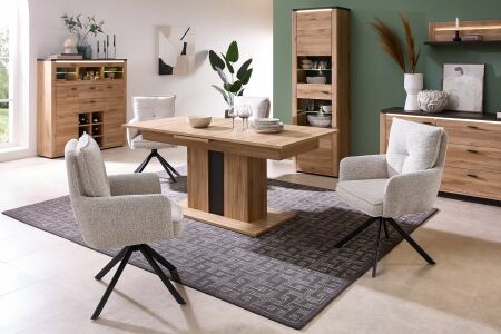 Nábytek do obývacího pokoje a jídelny COLEÉ "dining room 2"_ sestava typů 20+22+02+40+20 S2 HZ 04_ včetně LED osvětlení_ foto s dekoracemi_  jídelní stůl nerozložený 180 cm_ jídelní křesla nejsou součástí sestavy_ obr. 1