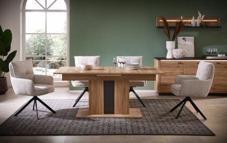 Nábytek do obývacího pokoje a jídelny COLEÉ "dining room"_ jídelní stůl + sideboard + závěsná police_ včetně LED osvětlení_ foto s dekoracemi_ jídelní křesla nejsou součástí sestavy_ jídelní stůl nerozložený 180 cm_ obr. 1