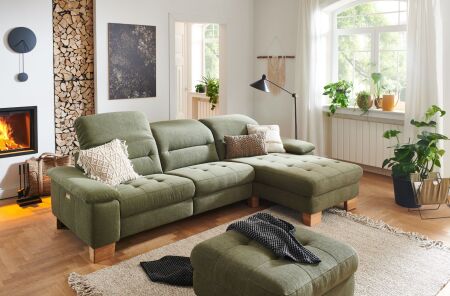 Sedací souprava CORTINA 2600_ sestava 4628_ rohové rozměry zleva 280 x 184 cm_ polohovatelné opěrky hlavy ve standardu_ ostatní volitelné funkce a polštáře za příplatek_ v látce Easy care olive_ obr. 2