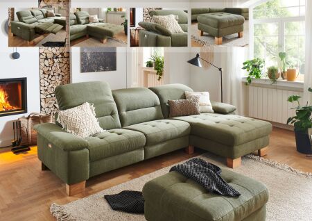 Sedací souprava CORTINA 2600_ sestava 4628_ rohové rozměry zleva 280 x 184 cm_ polohovatelné opěrky hlavy ve standardu_ ostatní volitelné funkce a polštáře za příplatek_ v látce Easy care olive_ foto s náhledy funkcí_ obr. 8